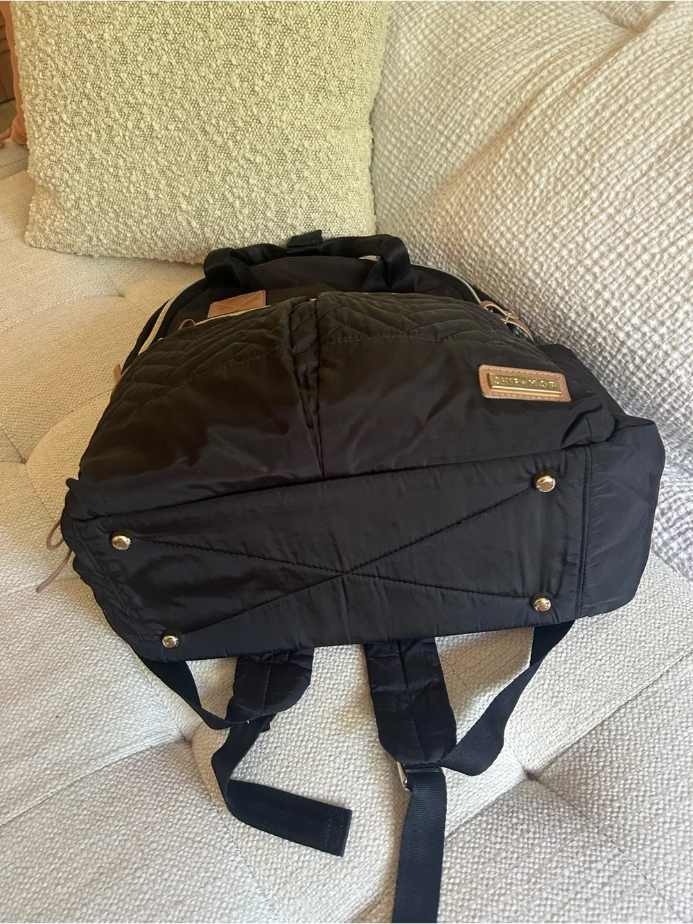 Skip Hop 6 in 1 Black Quilted Diaper Backpack with Tan Trim and Accessories